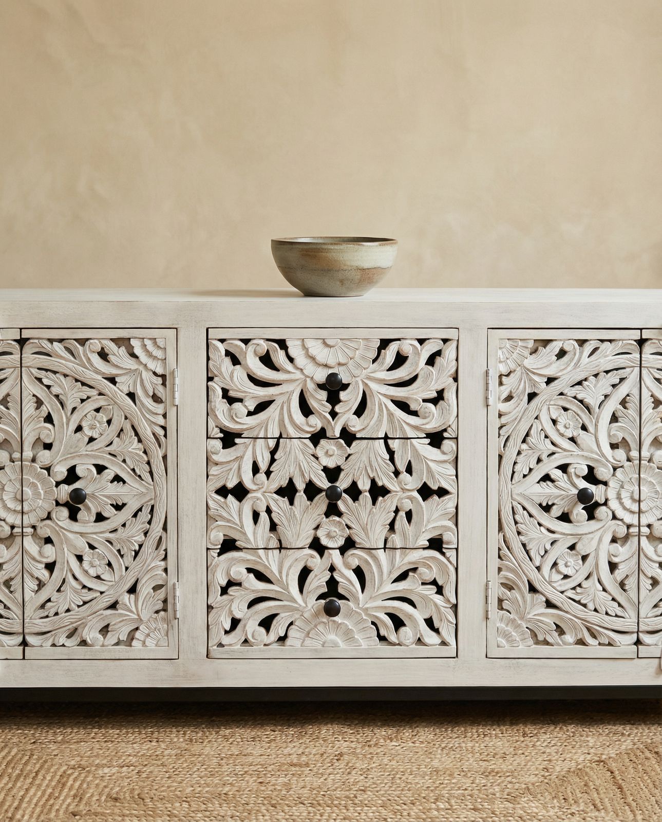 Hand Carved Mango Wood Sideboard – Whitewashed 4 Door 3 Drawer Design photo for sale