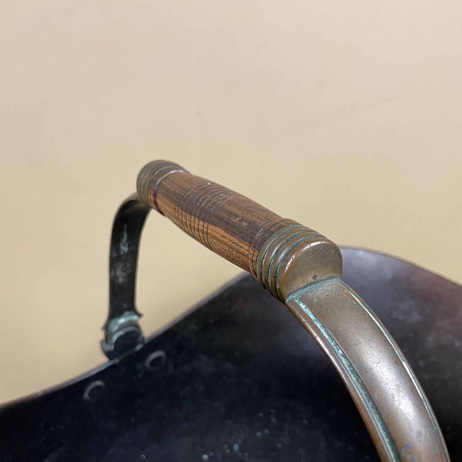 Antique Metal Copper Coal Bucket Wooden Handle Fireside Fire Side Scuttle Helmet Cottage Vintage Fireplace Logs Ornate Wood photo buy