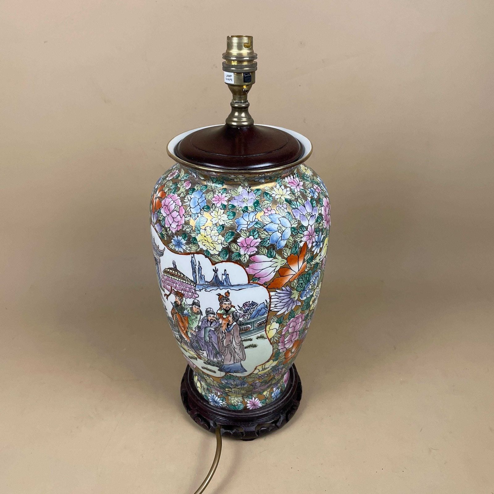 Large Oriental Ceramic Lamp Light Bedside Table Hand Painted Floral Design Pattern Wood Base Chinese Vase Antique Brass Gold Vintage Ornate photo for sale