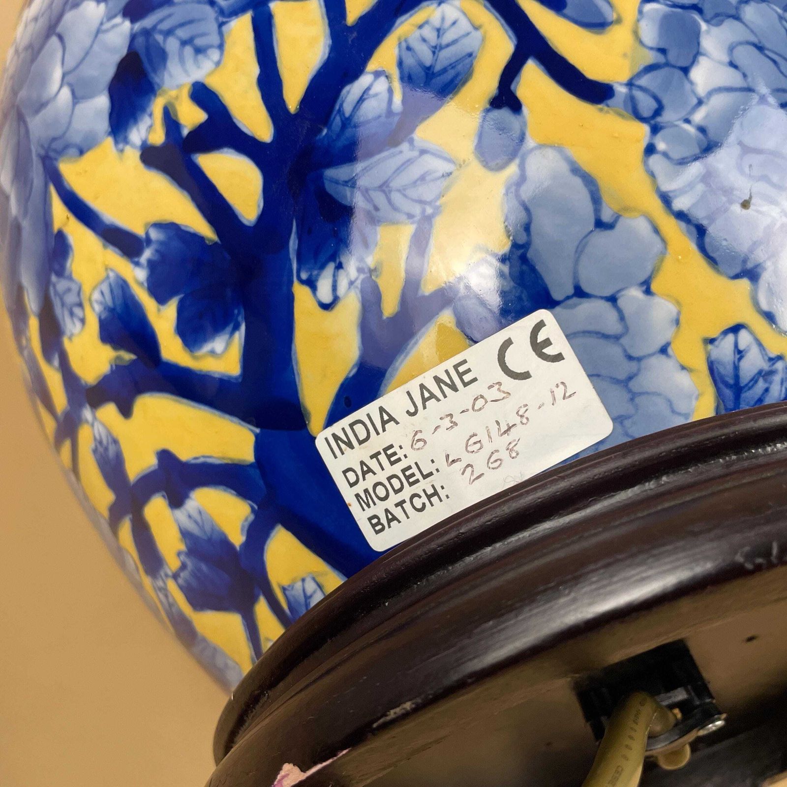 photo furniture India Jane Ceramic Lamp Floral Pattern Oriental Wood Base Bedside Table Light Ginger Jar Shape Large Statement Yellow Blue Bold 2003