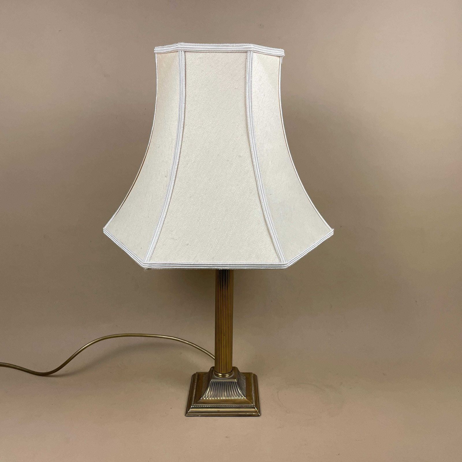 Metal Gold Brass Lamp Light Ornate Square Base Pattern Bedside Side Column Regency Classic Pillar Classic Antique Silk Cream Lampshade