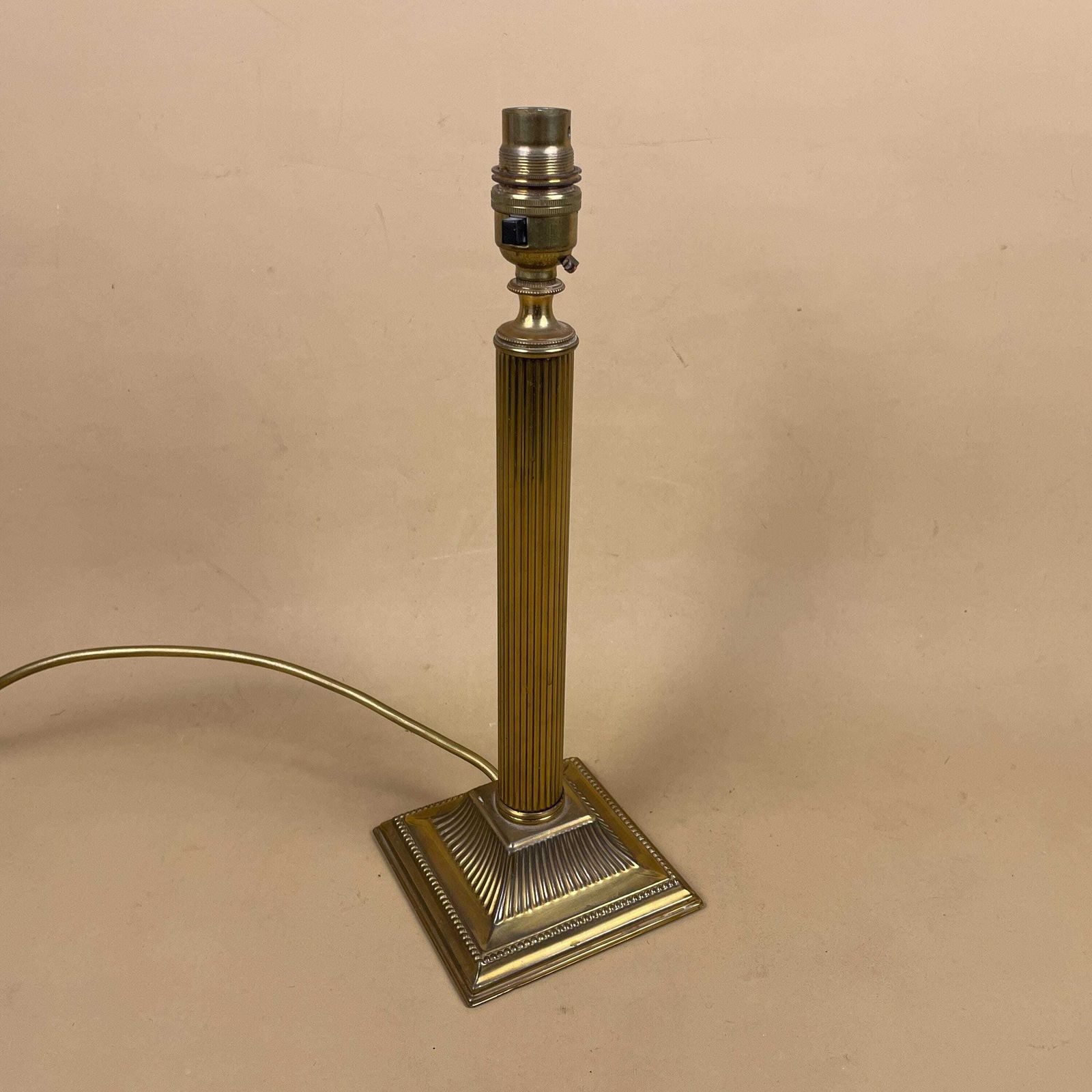 Metal Gold Brass Lamp Light Ornate Square Base Pattern Bedside Side Column Regency Classic Pillar Classic Antique Silk Cream Lampshade photo furniture