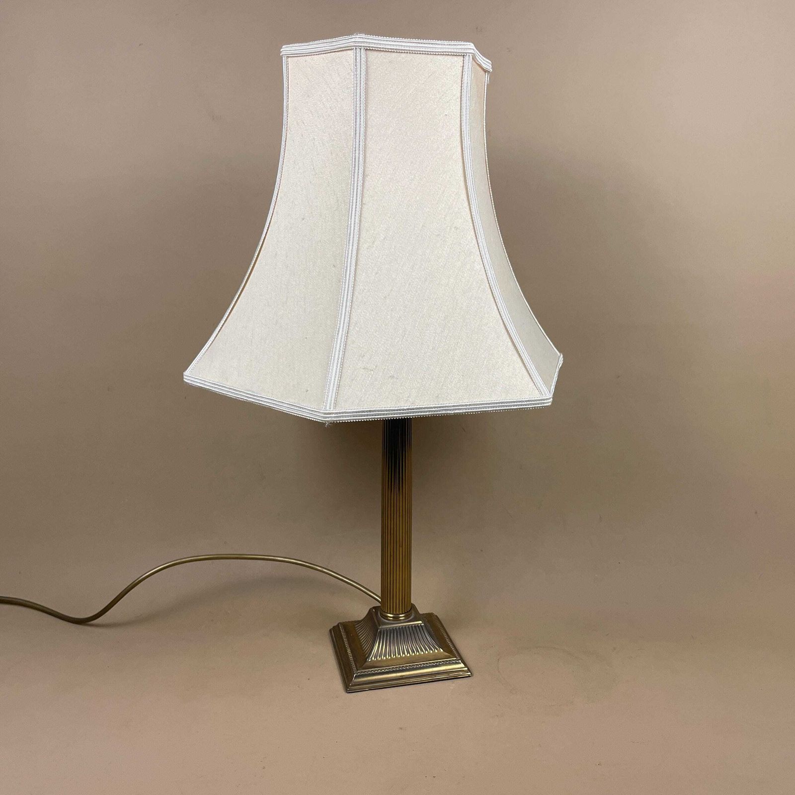 Metal Gold Brass Lamp Light Ornate Square Base Pattern Bedside Side Column Regency Classic Pillar Classic Antique Silk Cream Lampshade photo Lighting