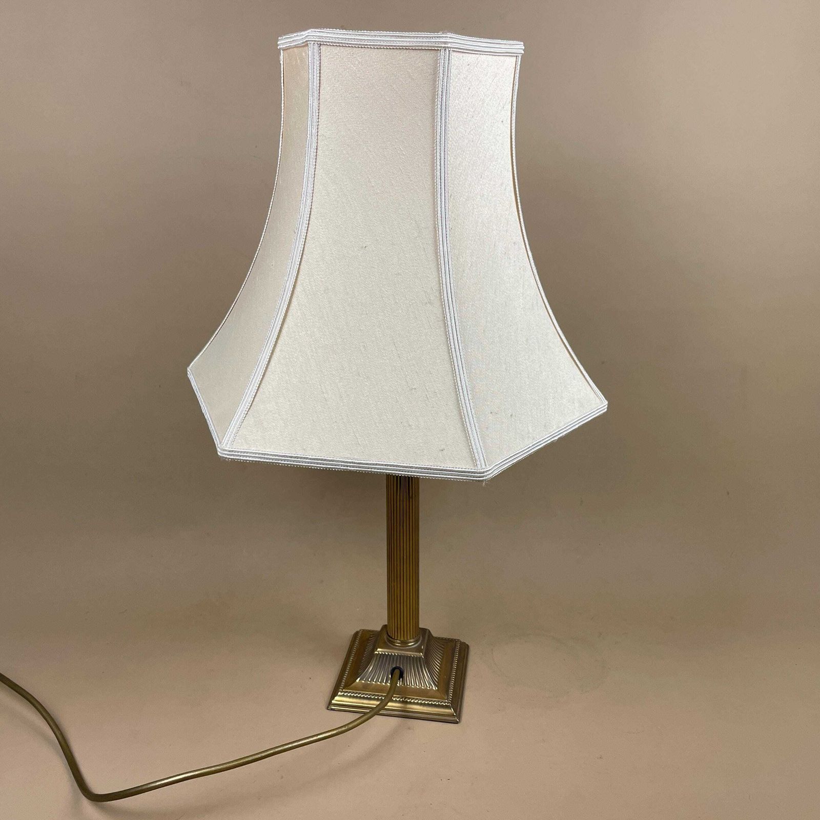 Metal Gold Brass Lamp Light Ornate Square Base Pattern Bedside Side Column Regency Classic Pillar Classic Antique Silk Cream Lampshade photo vintage