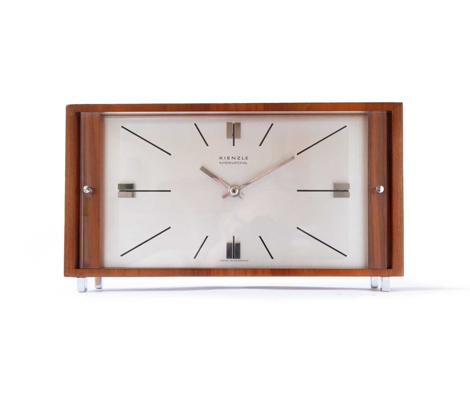 Mid Century Kienzle Table Clock Modern Bauhaus Atomic Space Age Desk 1960s Shelf Mantel Germany Walnut Battery
