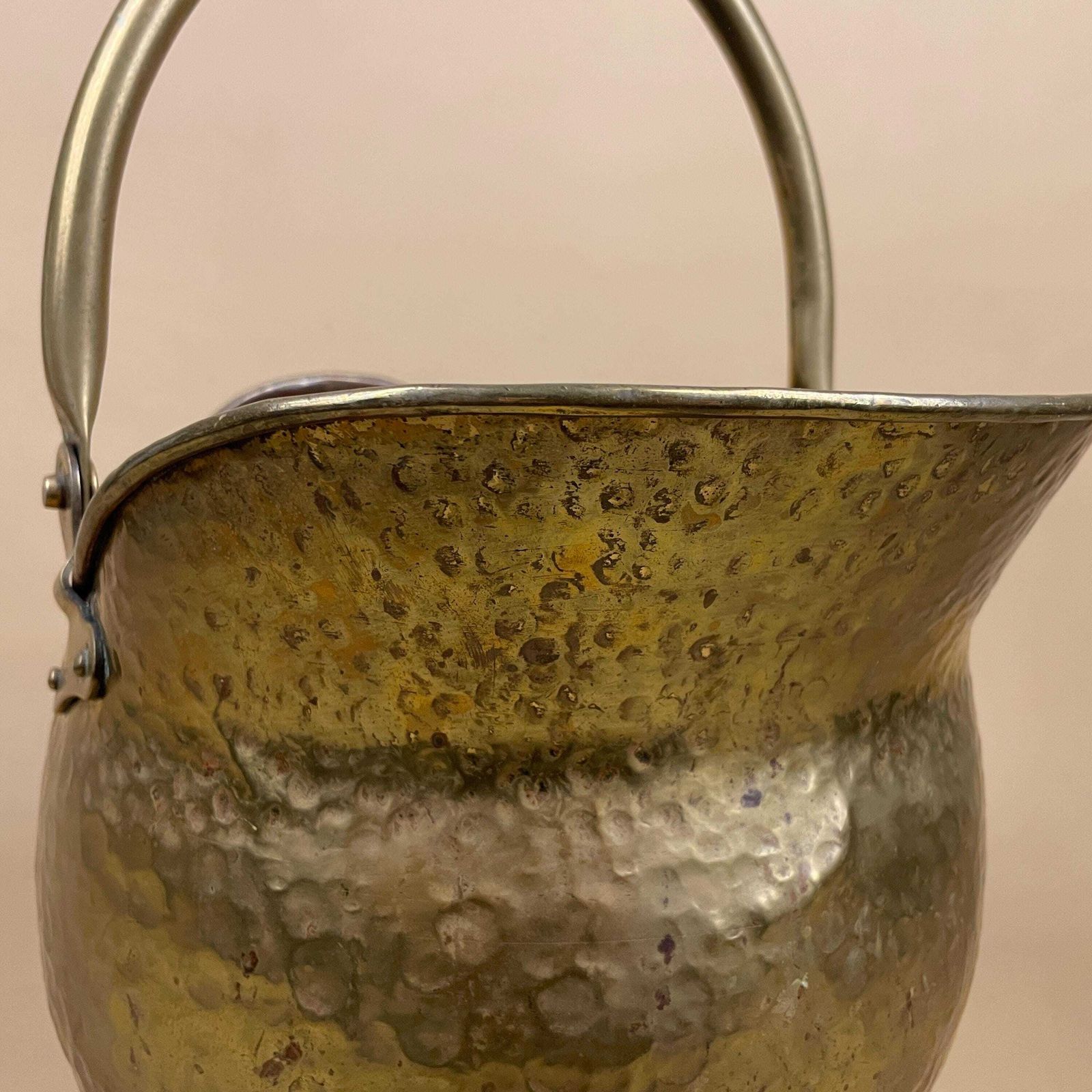 Antique Metal Gold Brass Coal Bucket Handle Fireside Fire Side Scuttle Log Helmet Farmhouse Hammered Texture Vintage Fireplace Logs photo buy