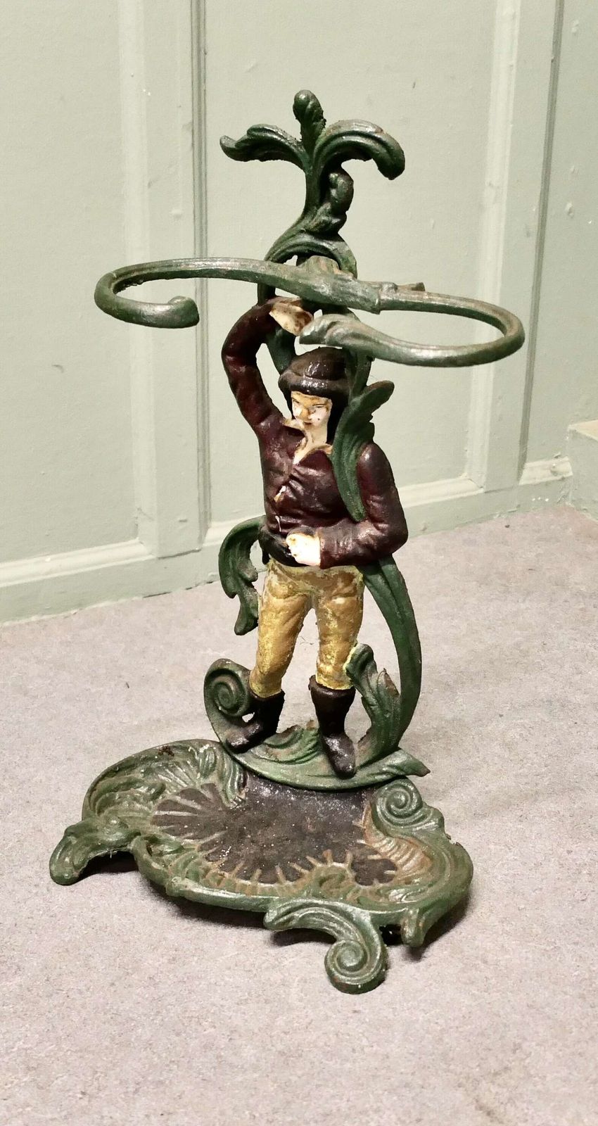 French Cast Iron Figural Umbrella Stand Colourful French Cast Iron Umbrella Stand photo for sale