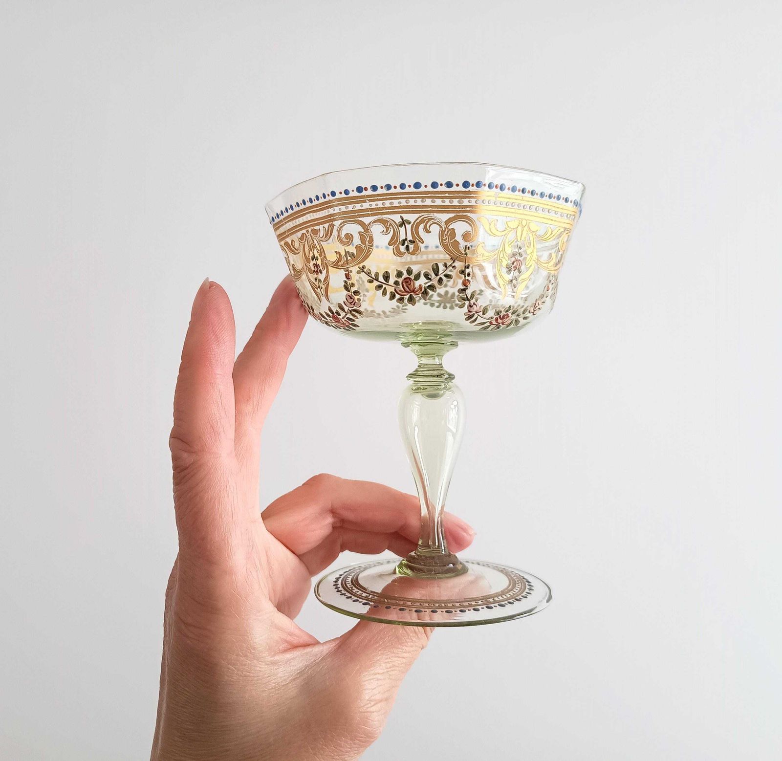 Antique Moser Octagonal Champagne Coupe Glass: Gold Enamels, Rose Garlands, Art Nouveau Goblet photo Home Decor