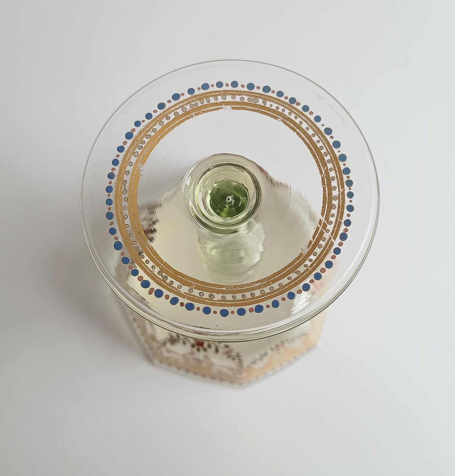 photo for sale Antique Moser Octagonal Champagne Coupe Glass: Gold Enamels, Rose Garlands, Art Nouveau Goblet