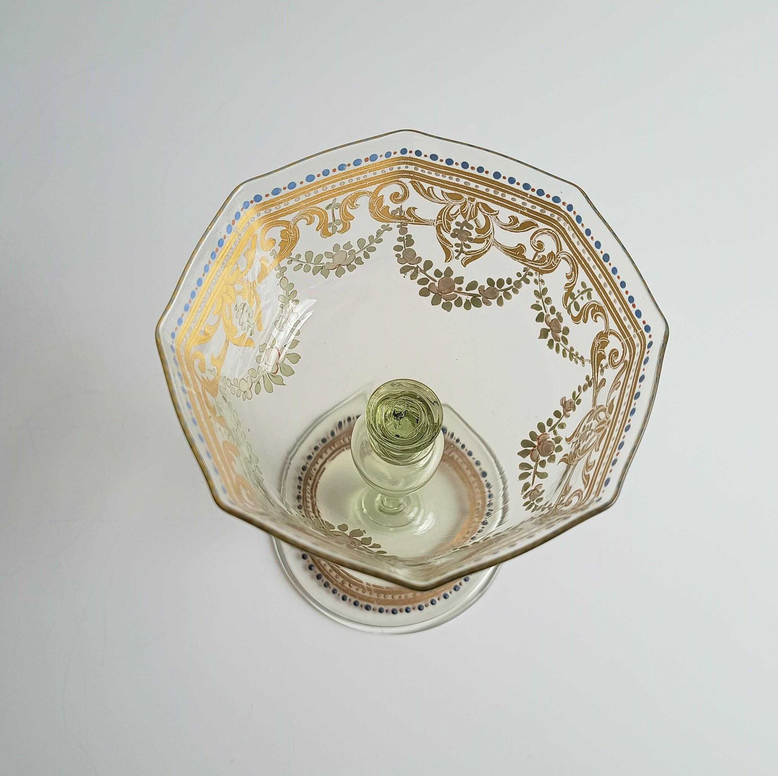 photo vintage Antique Moser Octagonal Champagne Coupe Glass: Gold Enamels, Rose Garlands, Art Nouveau Goblet