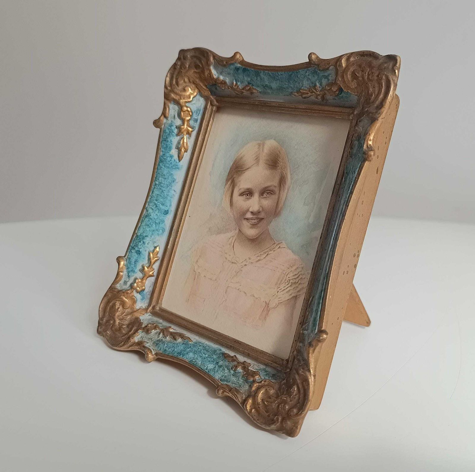 Antique Hand Finished Pastel Miniature Portrait: Blond Girl, Turquoise Gilt Tabletop Frame photo 95.0