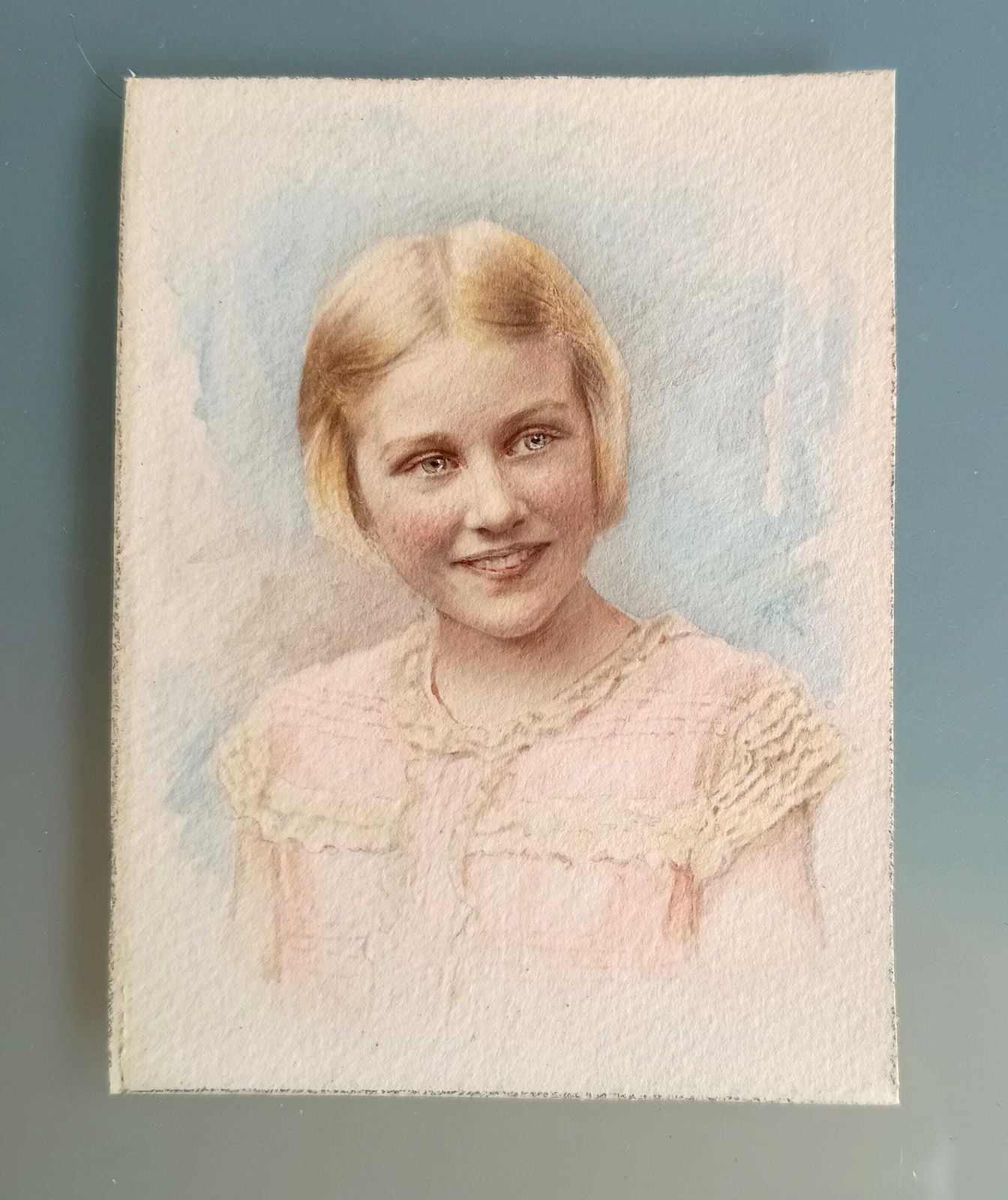 photo furniture Antique Hand Finished Pastel Miniature Portrait: Blond Girl, Turquoise Gilt Tabletop Frame