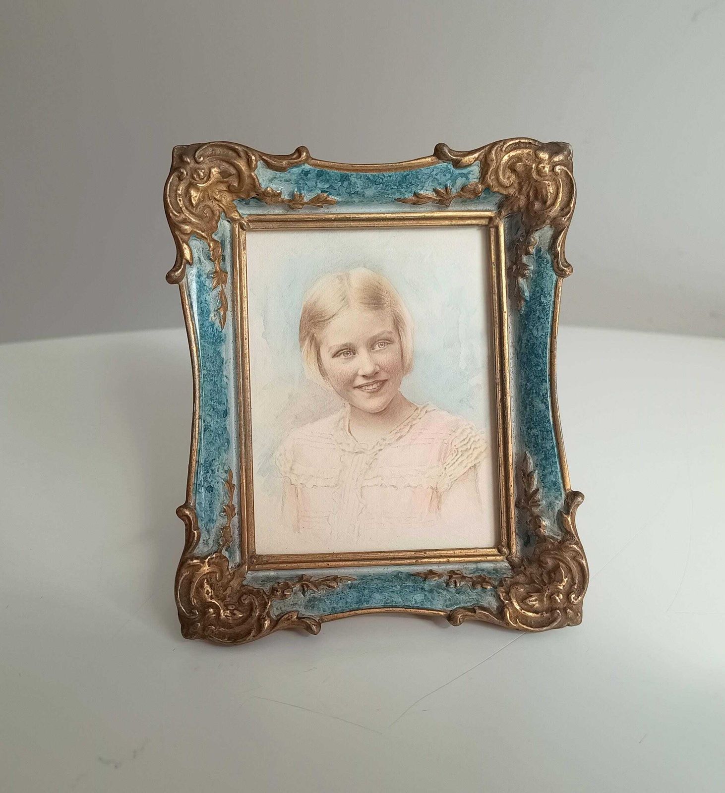 photo for sale Antique Hand Finished Pastel Miniature Portrait: Blond Girl, Turquoise Gilt Tabletop Frame