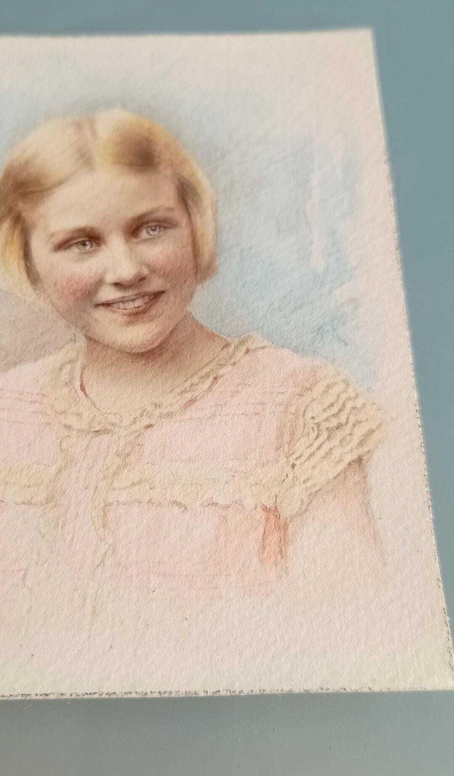 Home Decor Antique Hand Finished Pastel Miniature Portrait: Blond Girl, Turquoise Gilt Tabletop Frame photo