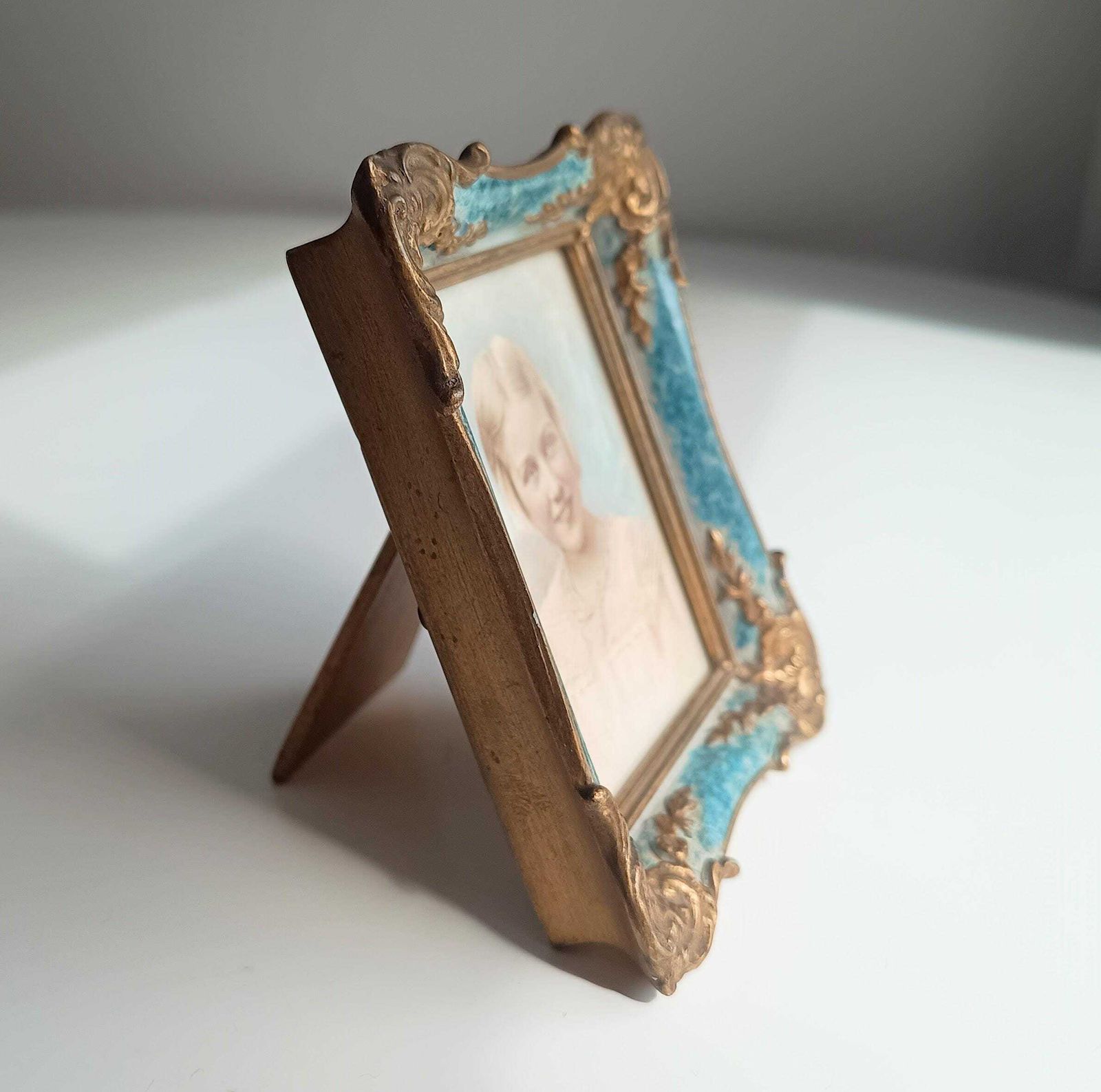 photo vintage Antique Hand Finished Pastel Miniature Portrait: Blond Girl, Turquoise Gilt Tabletop Frame