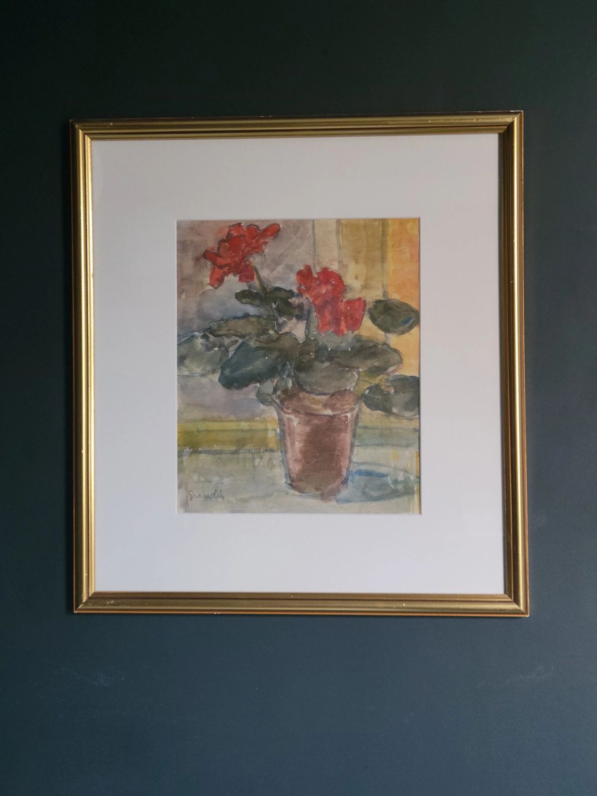 photo furniture Geranium Watercolour Vintage Mid Century Framed Painting By Svan Grandin