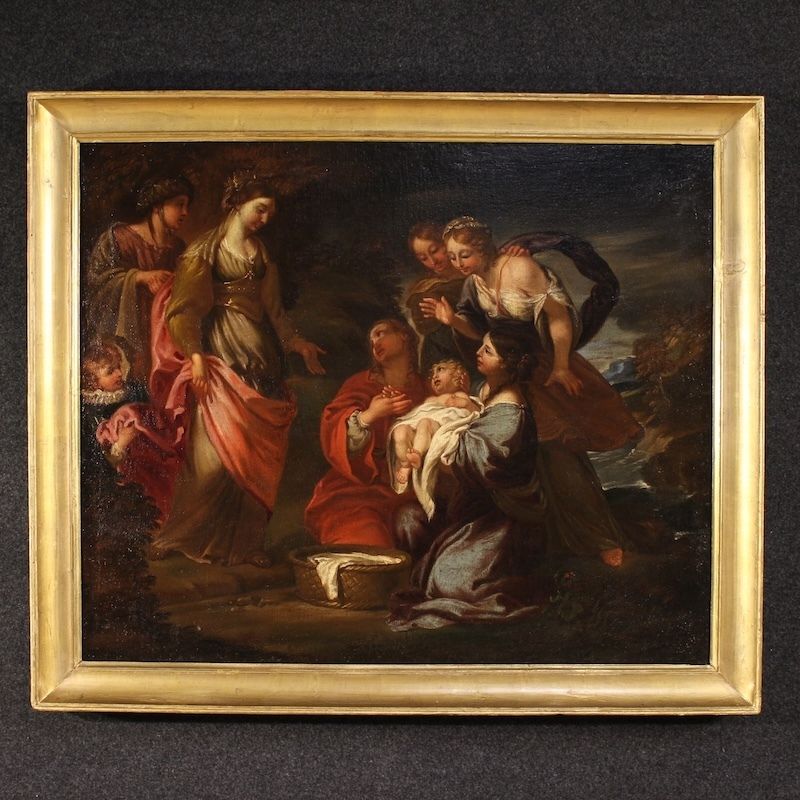 Antique Italian Painting Moses Saved From The Waters From The 17th Century