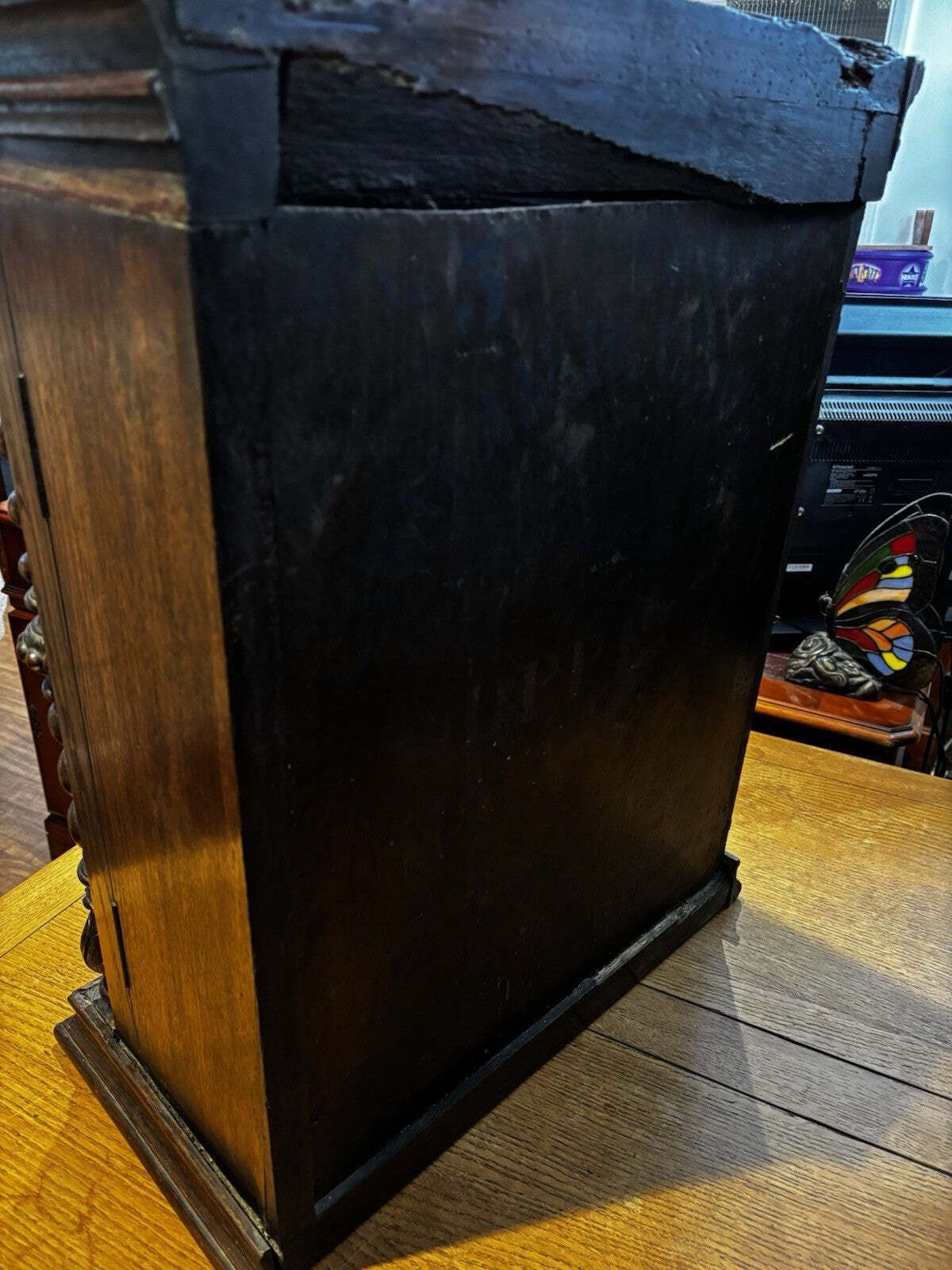 Victorian Tobacconist Carved Oak Pipe Cabinet With Pipe Collection photo vintage