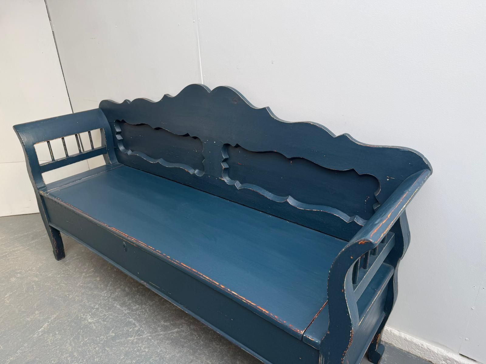 An Early Georgian Original Hungarian Painted Blue Pine 3 Seater Bench photo furniture