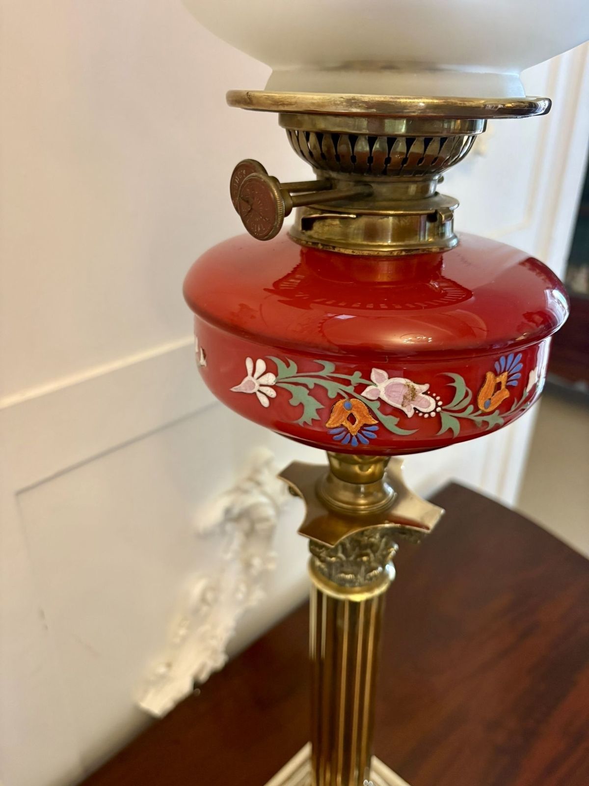 Antique 19th Century Brass Oil Lamp With Cranberry Glass Font And Corinthian Column photo buy