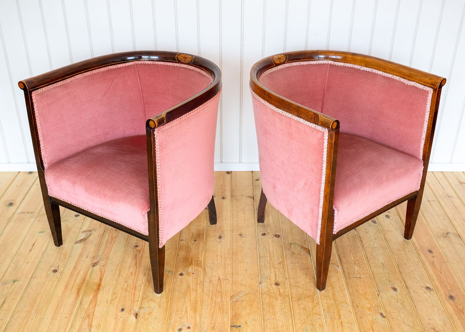 Pair Of Edwardian Mahogany Armchairs Barrel Back Pink Tub Antiqu.E Art Nouvea.U 1910 photo buy