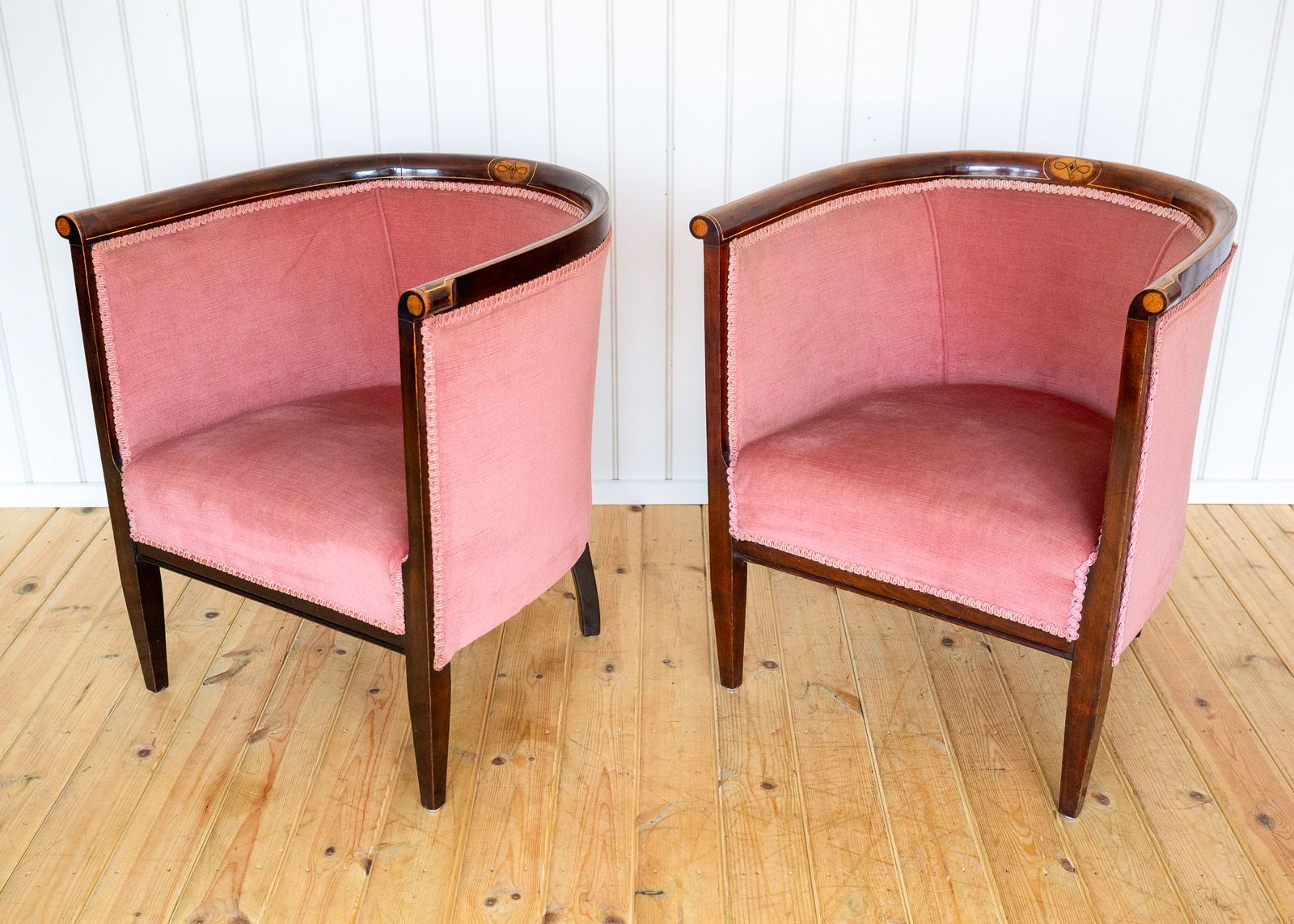 2300.0 Pair Of Edwardian Mahogany Armchairs Barrel Back Pink Tub Antiqu.E Art Nouvea.U 1910 photo