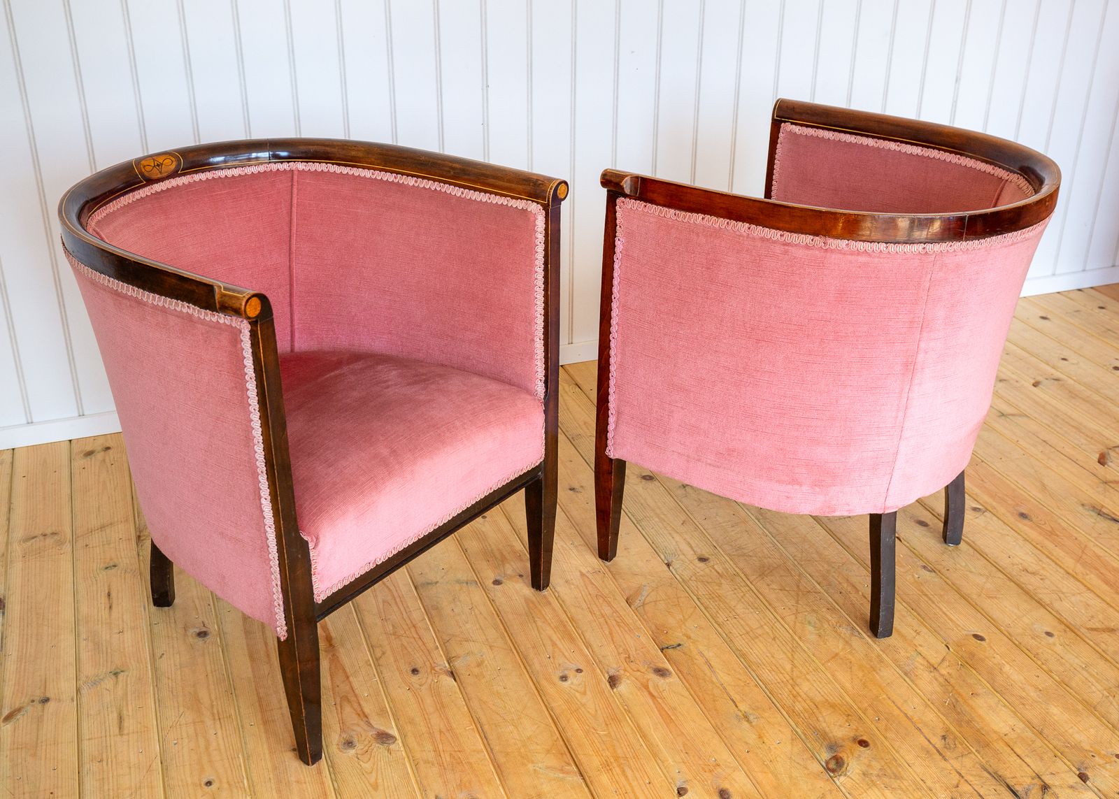 Furniture Pair Of Edwardian Mahogany Armchairs Barrel Back Pink Tub Antiqu.E Art Nouvea.U 1910 photo