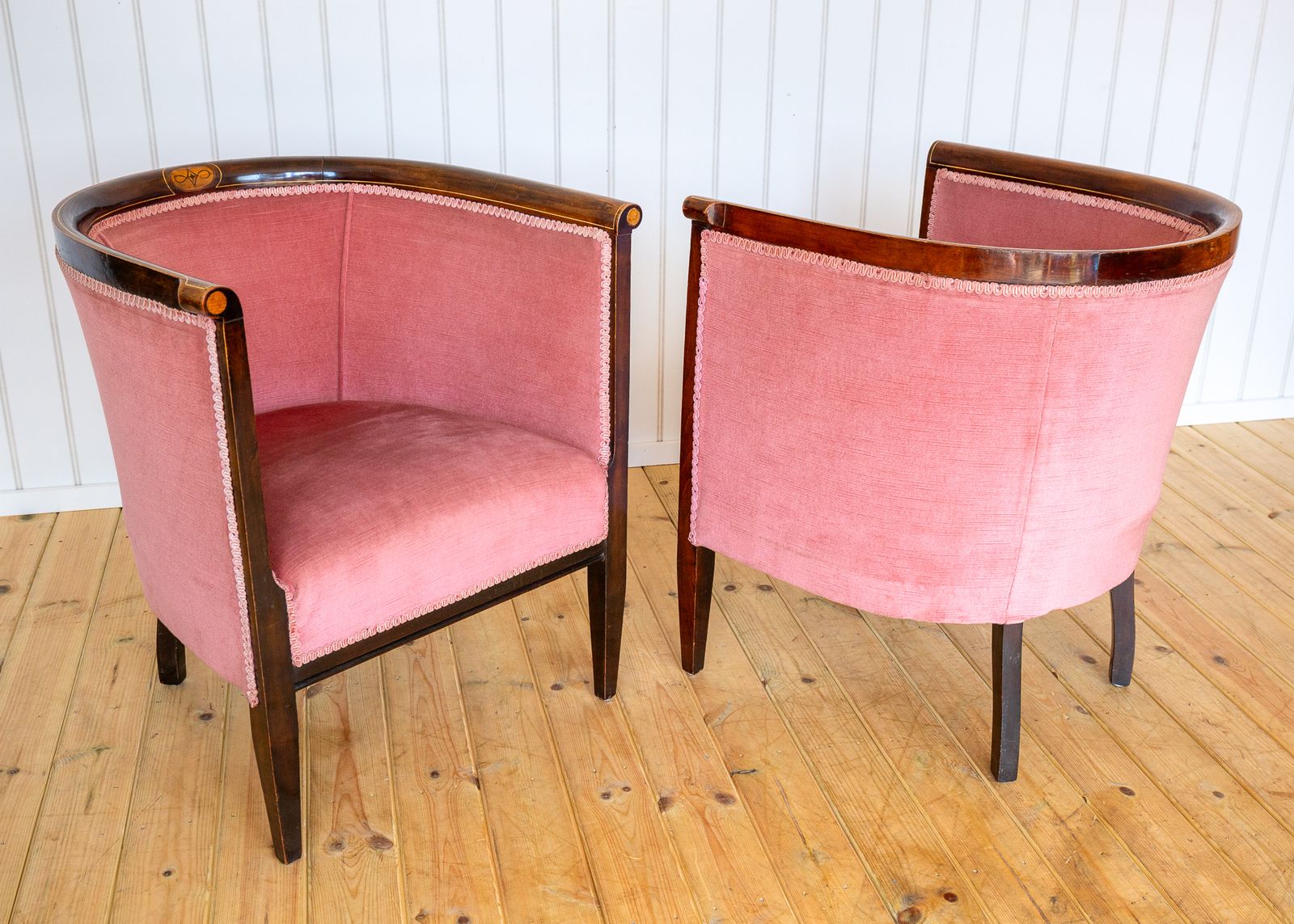 Pair Of Edwardian Mahogany Armchairs Barrel Back Pink Tub Antiqu.E Art Nouvea.U 1910 photo furniture