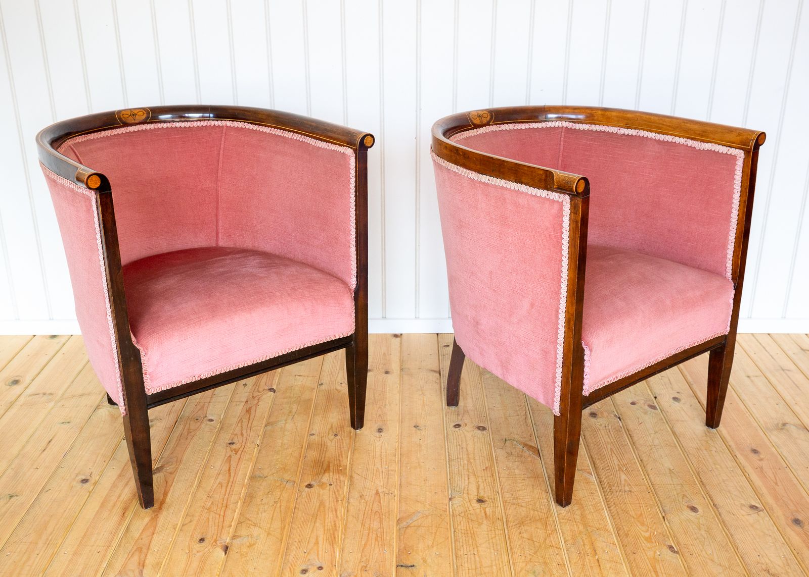 photo vinterior Pair Of Edwardian Mahogany Armchairs Barrel Back Pink Tub Antiqu.E Art Nouvea.U 1910