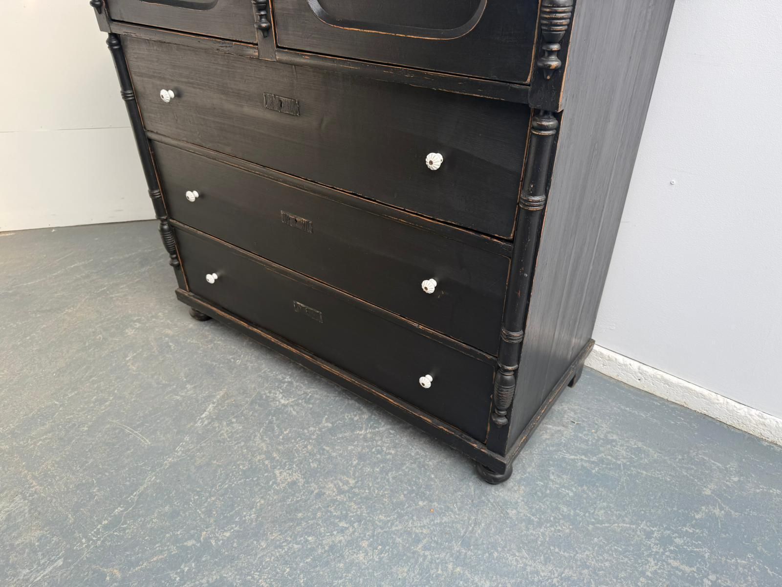 Massive Pine Hungarian Victorian Painted Black 5 Drawer Chest Of Drawers photo for sale