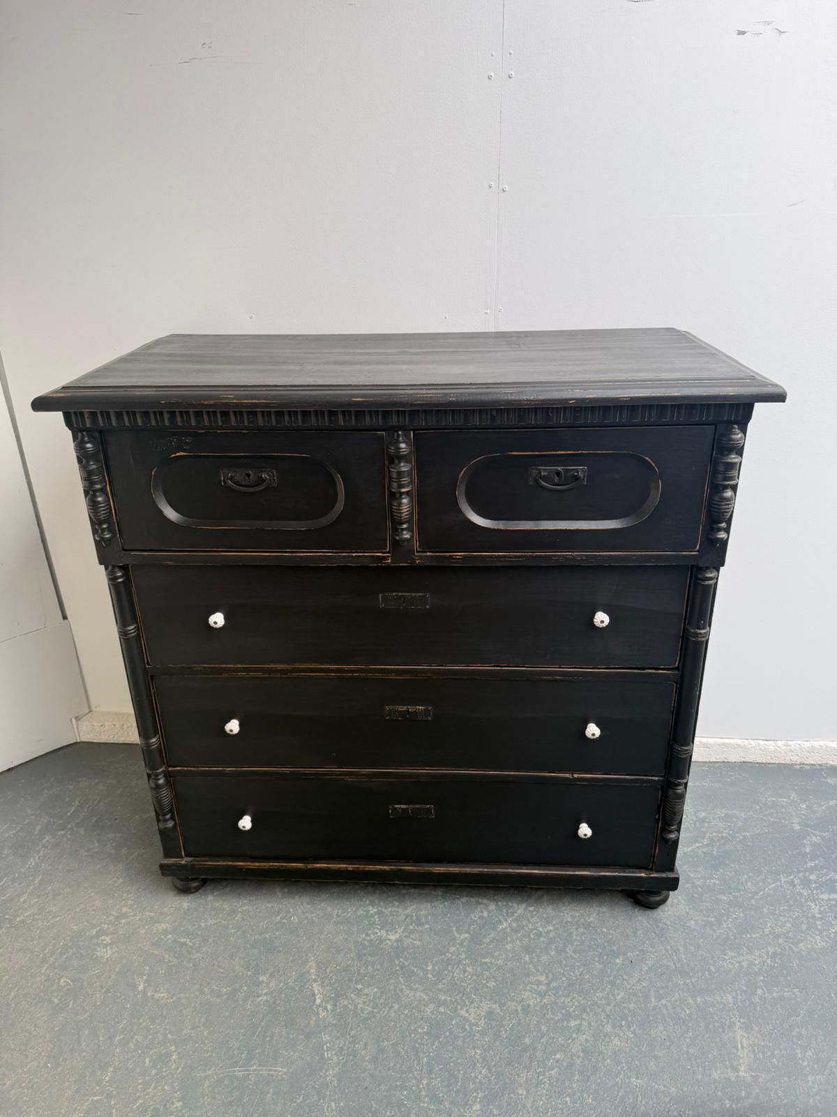 photo for sale Massive Pine Hungarian Victorian Painted Black 5 Drawer Chest Of Drawers