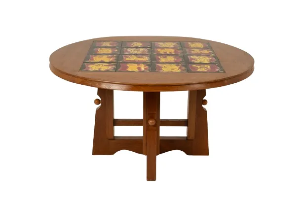 Guillerme And Chambron. Oak And Ceramic Pedestal Table. 1970s 80s photo Furniture