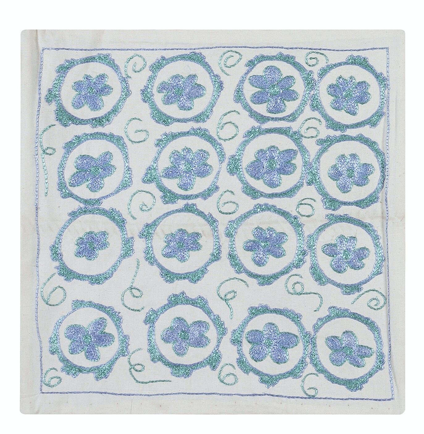 Housse de coussin en soie à motif de marguerites, dentelle brodée à la main, style Suzani. 17" x 17"