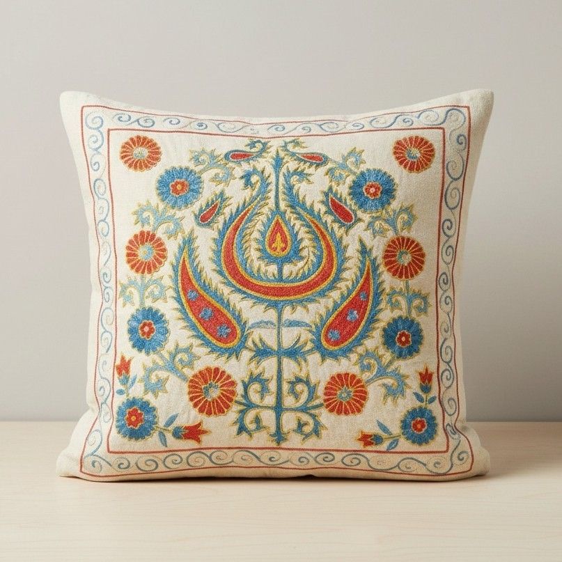 21"X21" All Silk Embroidered Throw Pillow. Modern Handmade Cushion Cover