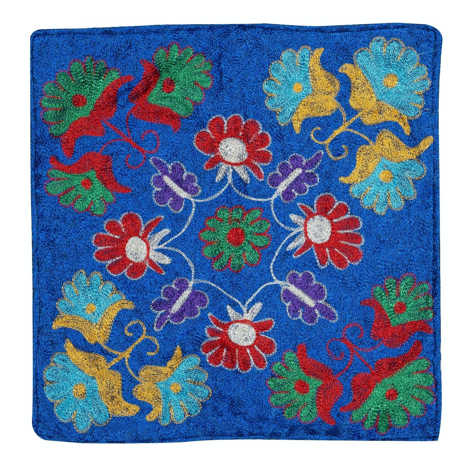 Housse de coussin 16" x 16" en broderie de soie. Taie d'oreiller bleue. Dentelle au point d'aiguille