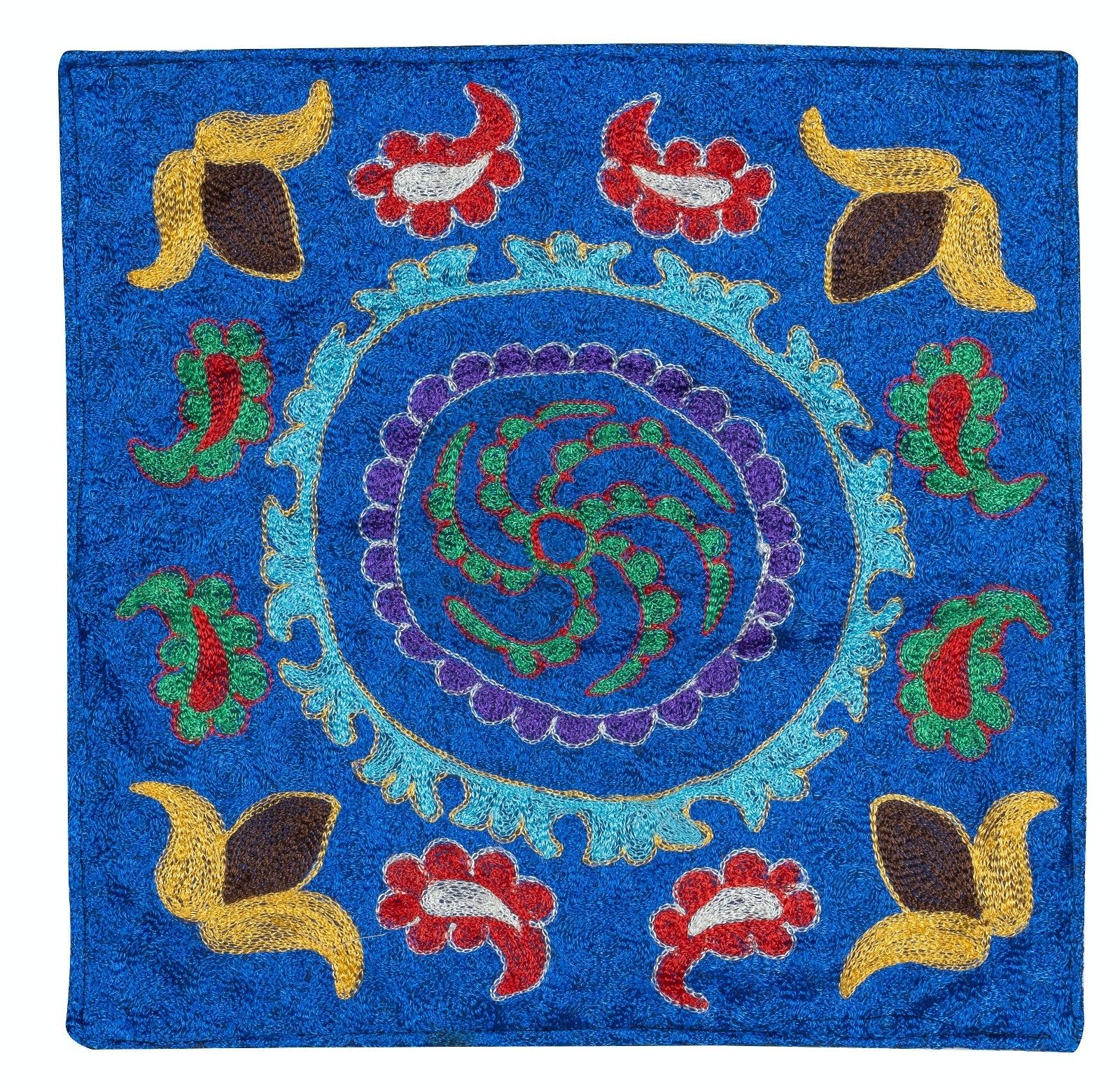 15"X16" Silk Hand Embroidery Cushion Cover. Blue Pillow. Needlework Lace Pillow