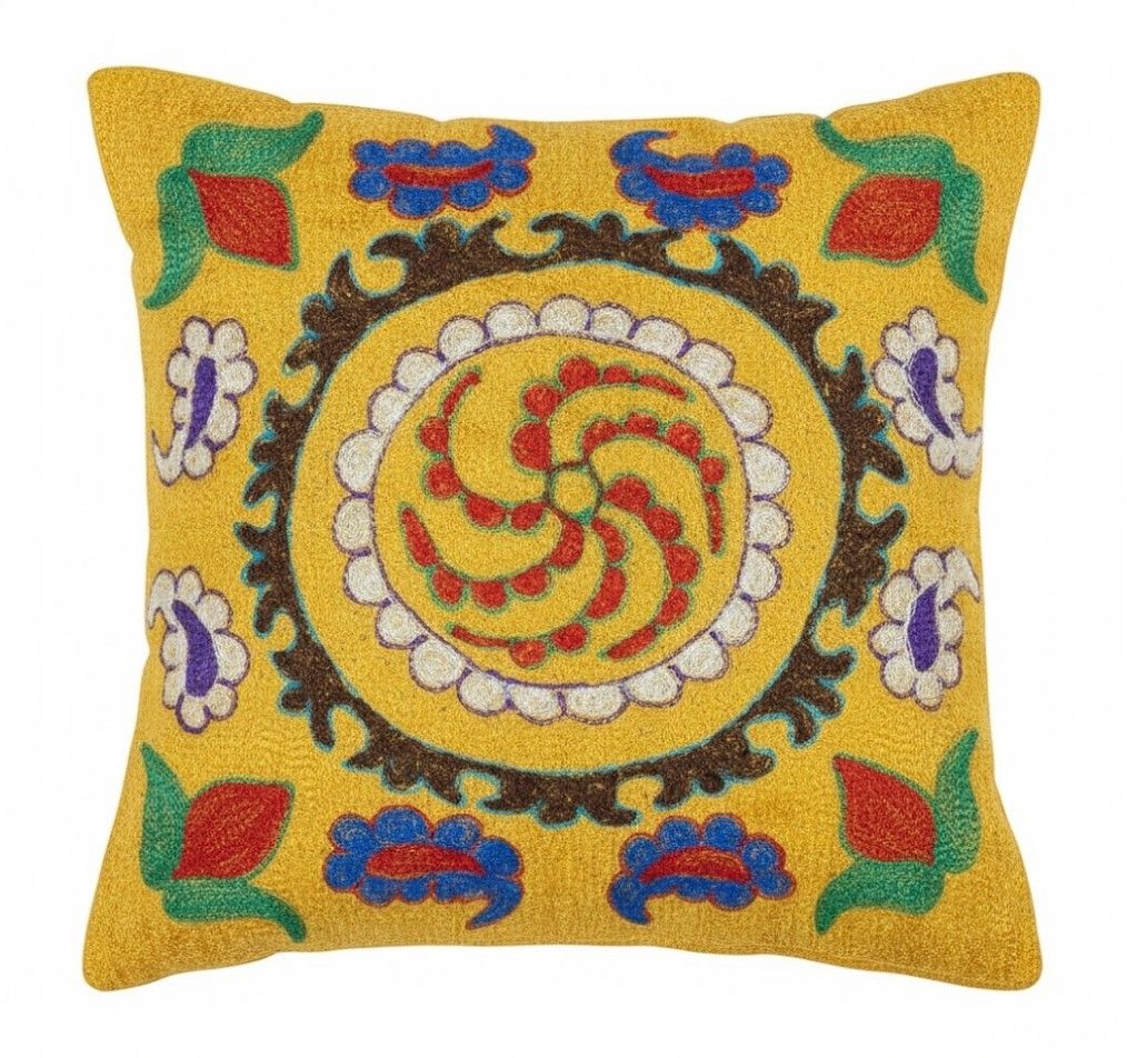 16"X16" Silk Embroidery Cushion Cover. Handmade Pillowcase. Yellow Lace Pillow