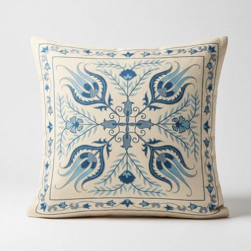 21"X21" Embroidered 100% Silk Cushion. Blue Accent Pillow. Handmade Throw Pillow