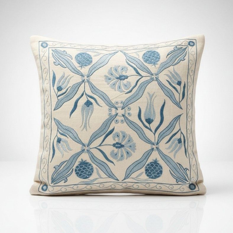 20"X20" All Silk Embroidered Cushion Cover. Blue Pillowcase. New Toss Pillow