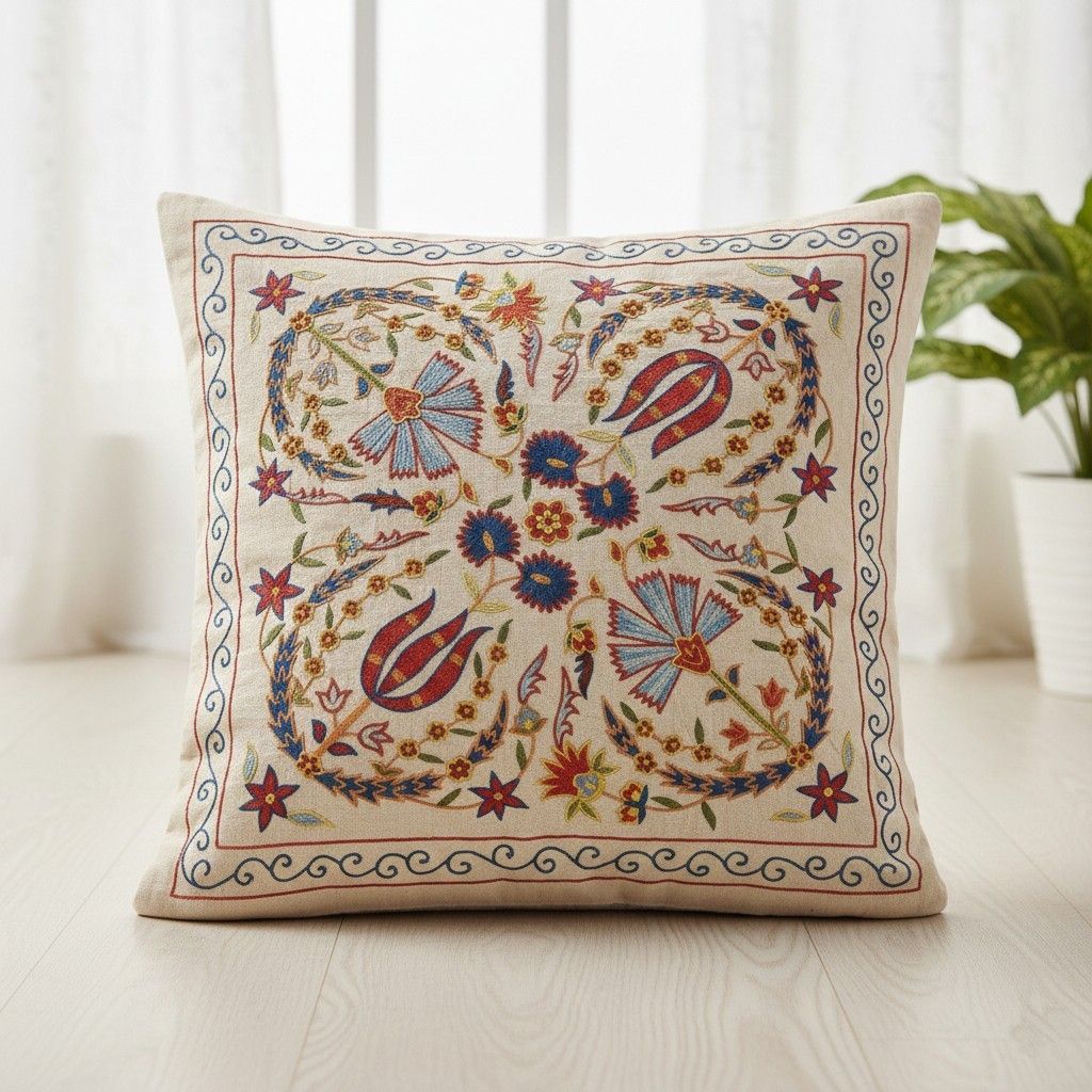 Housse de coussin brodée 100 % soie 20" x 20". Coussin fait main. Coussin décoratif moderne
