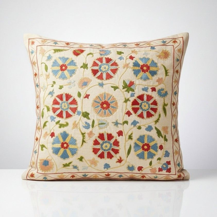 20"X20" 100% Silk Embroidered Pillow Cover. Contemporary Handmade Cushion Cover
