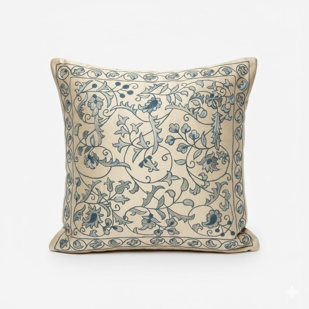 20"X20" Embroidered 100% Silk Cushion. Luxury Pillow Cover. Handmade Toss Pillow