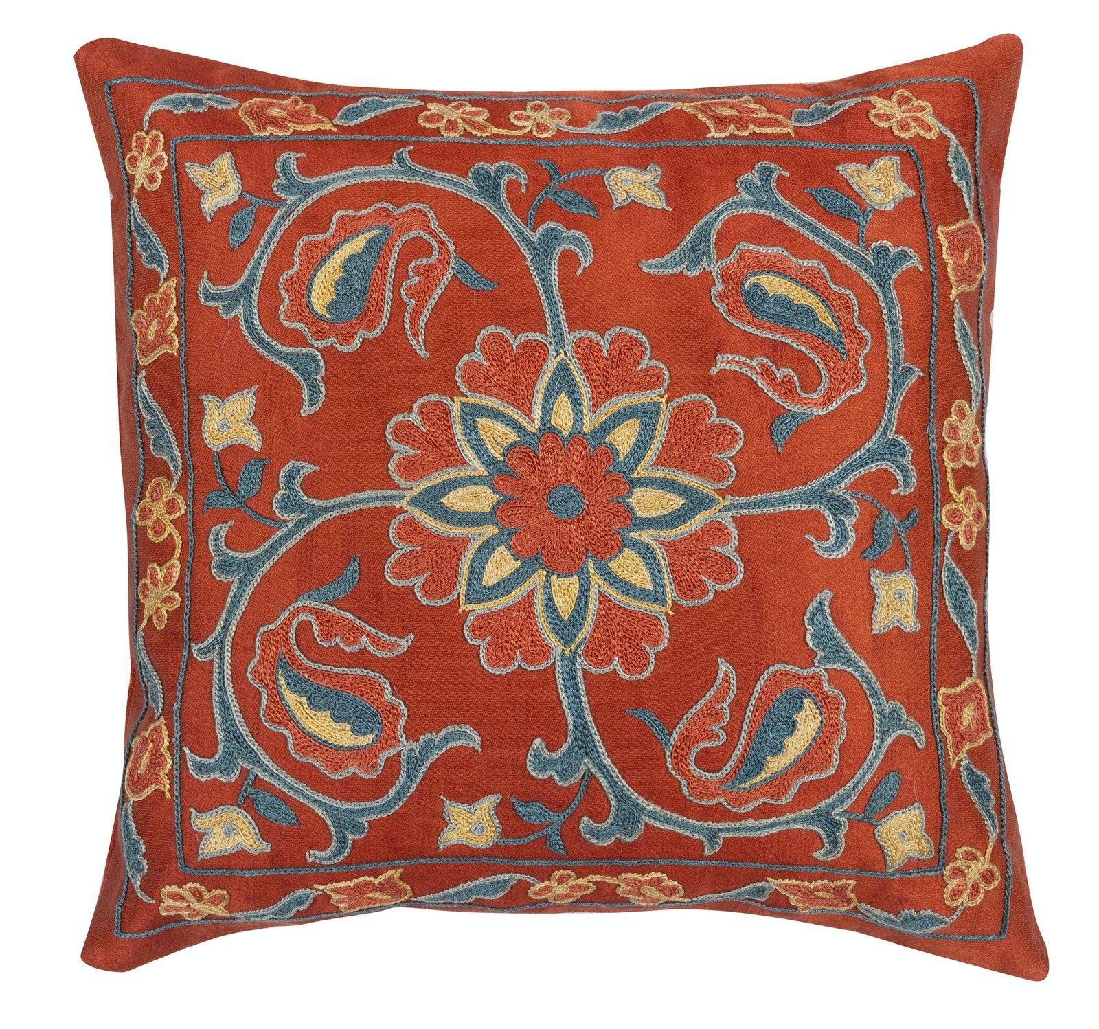 12"X12" All Silk Cushion Cover. Traditional Embroidered Accent Pillow