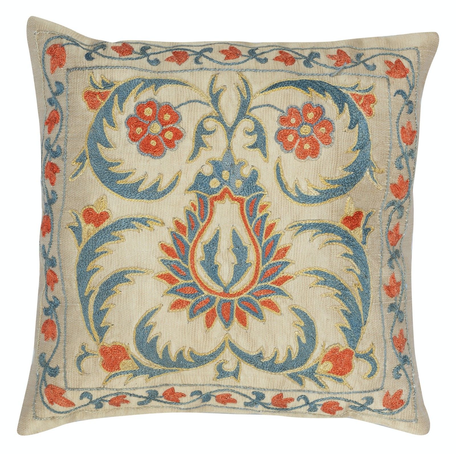 12"X12" 100% Silk Cushion Cover. Suzani Accent Pillow. Embroidered Throw Pillow