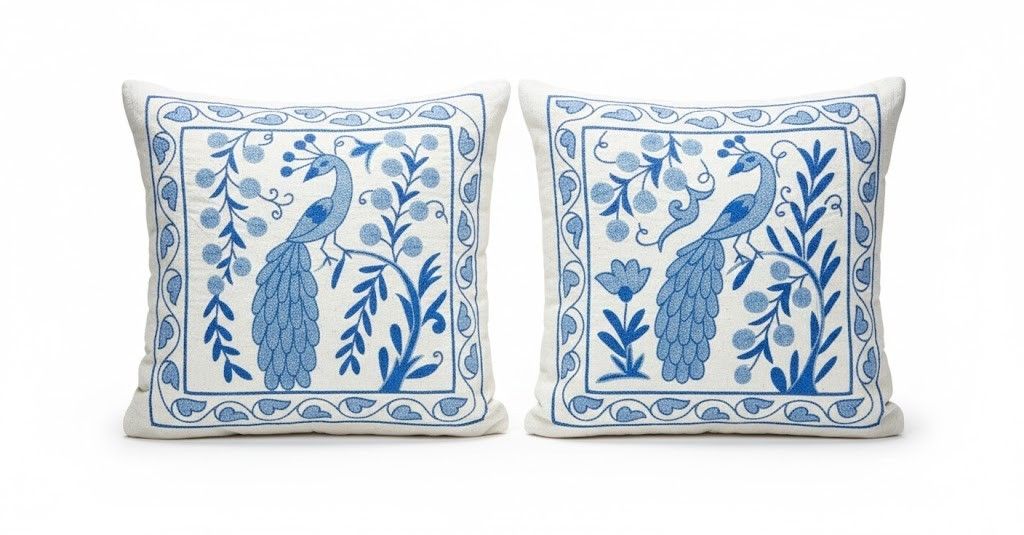 Lot de 2 housses de coussin brodées en soie 18" x 19", paire de coussins à dentelle, motif oiseaux