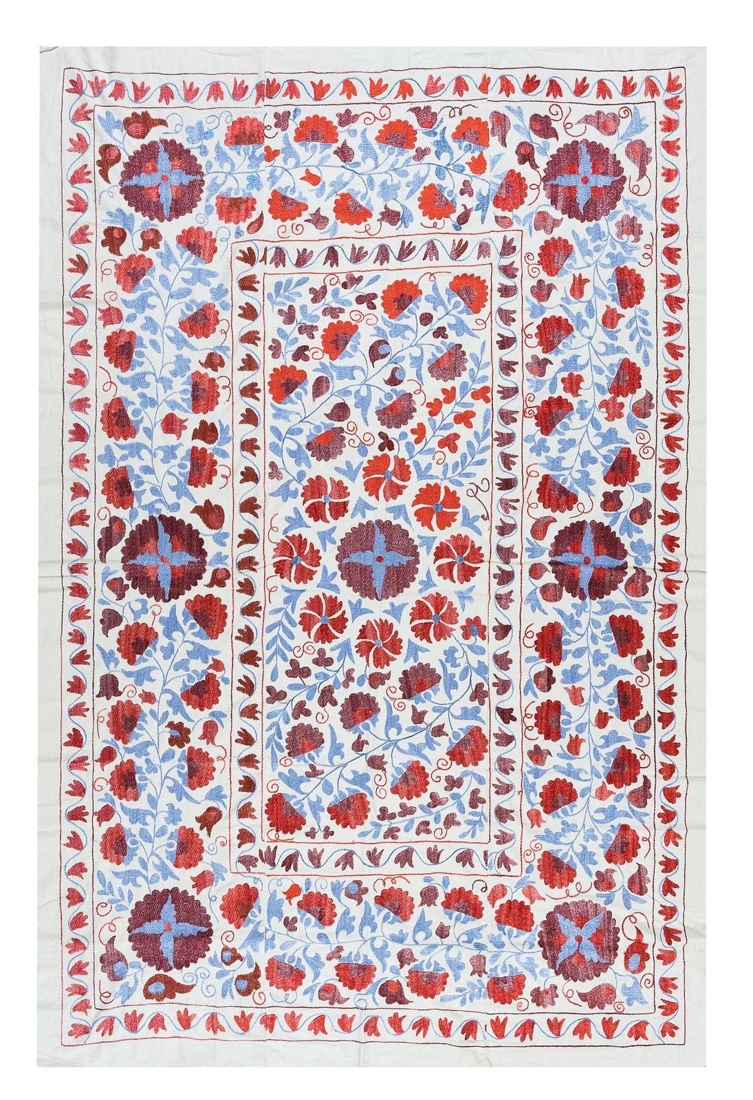 4.8x6.8 Ft Silk Hand Embroidered Suzani Bed Cover, Decorative Uzbek Wall Hanging
