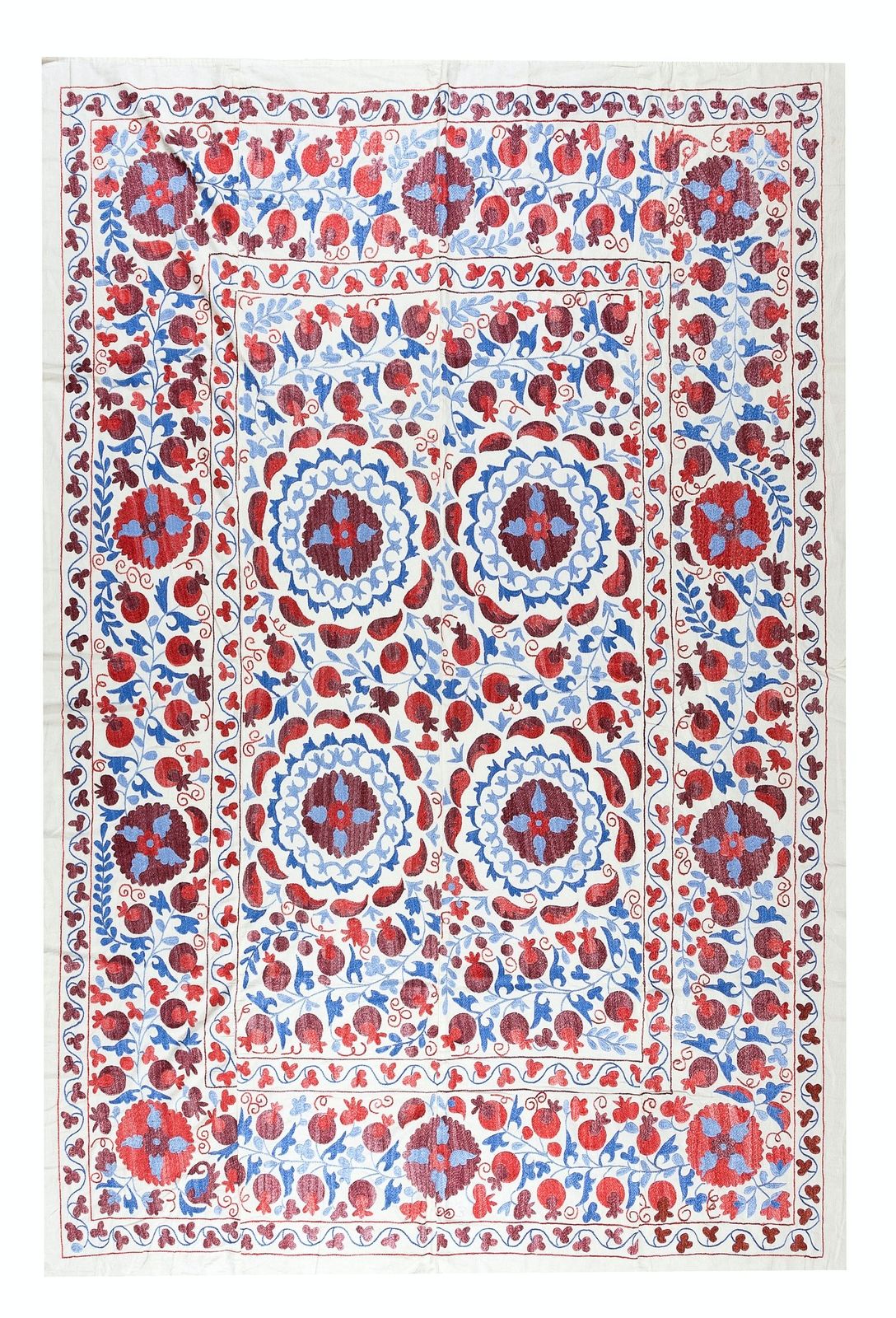 6.2x8 Ft Silk Hand Embroidered Suzani Bed Cover, Decorative Uzbek Wall Hanging