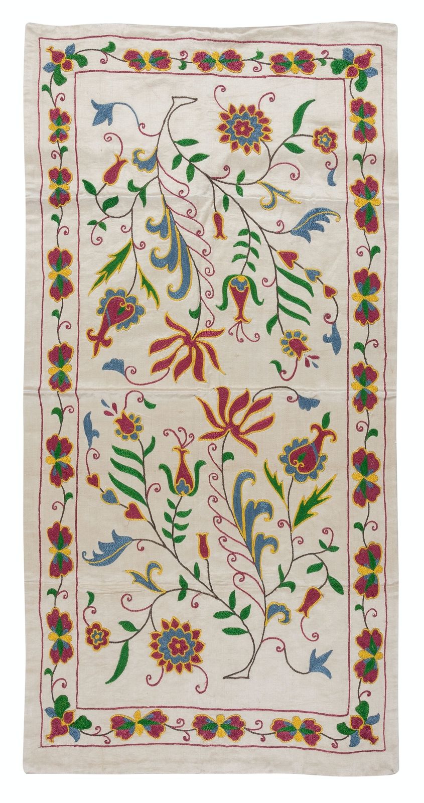 20"X40" Modern 100% Silk Embroidered Suzani Wall Hanging, New Uzbek Table Cover
