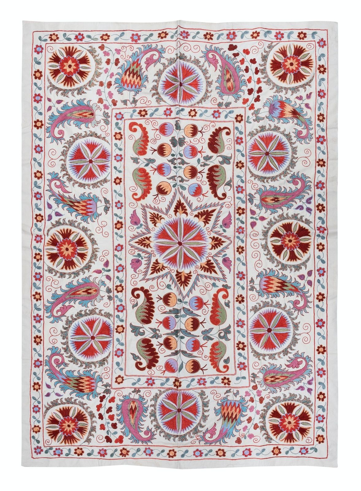 5x6.9 Ft Uzbek Suzani Fabric Bed Cover, Embroidered Silk And Cotton Wall Hanging