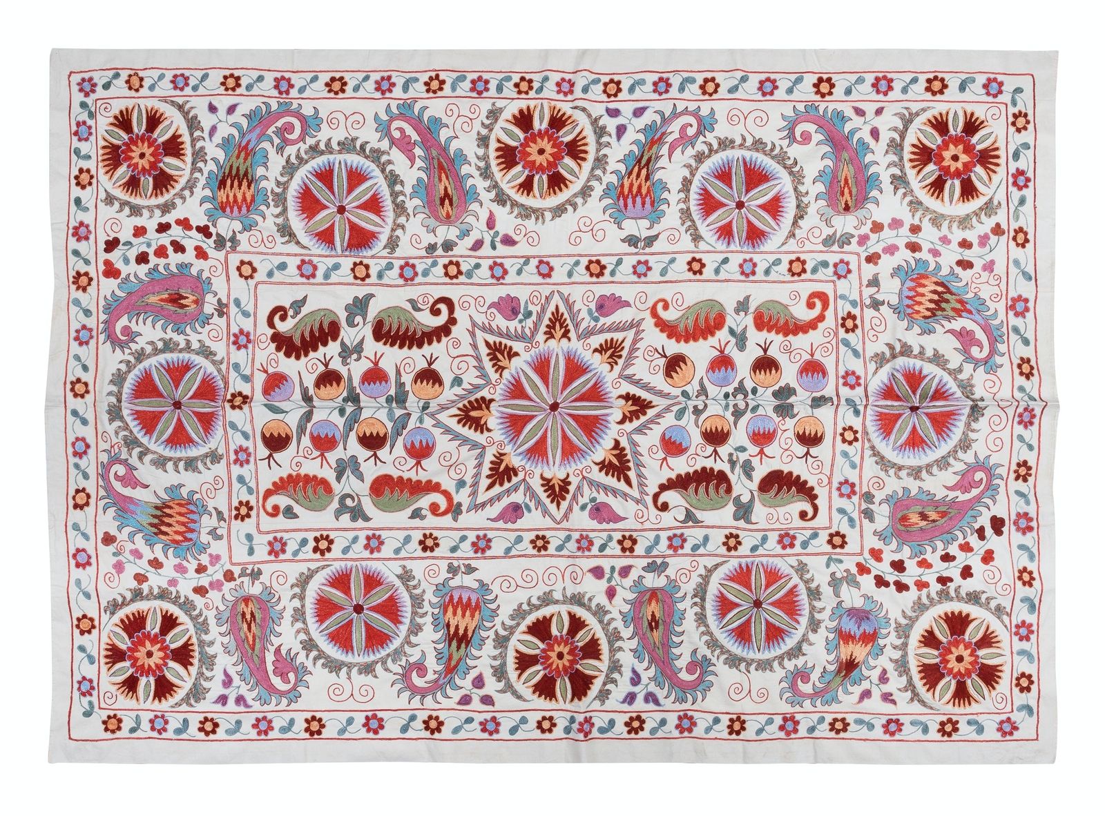 5x6.9 Ft Uzbek Suzani Fabric Bed Cover, Embroidered Silk And Cotton Wall Hanging photo Art